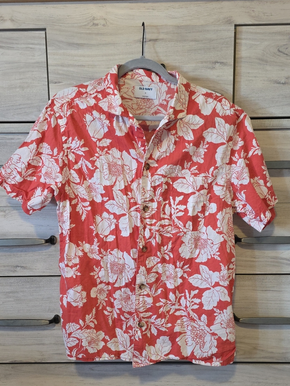 Old Navy Coral and White Floral Short-Sleeve Button-Down Shirt